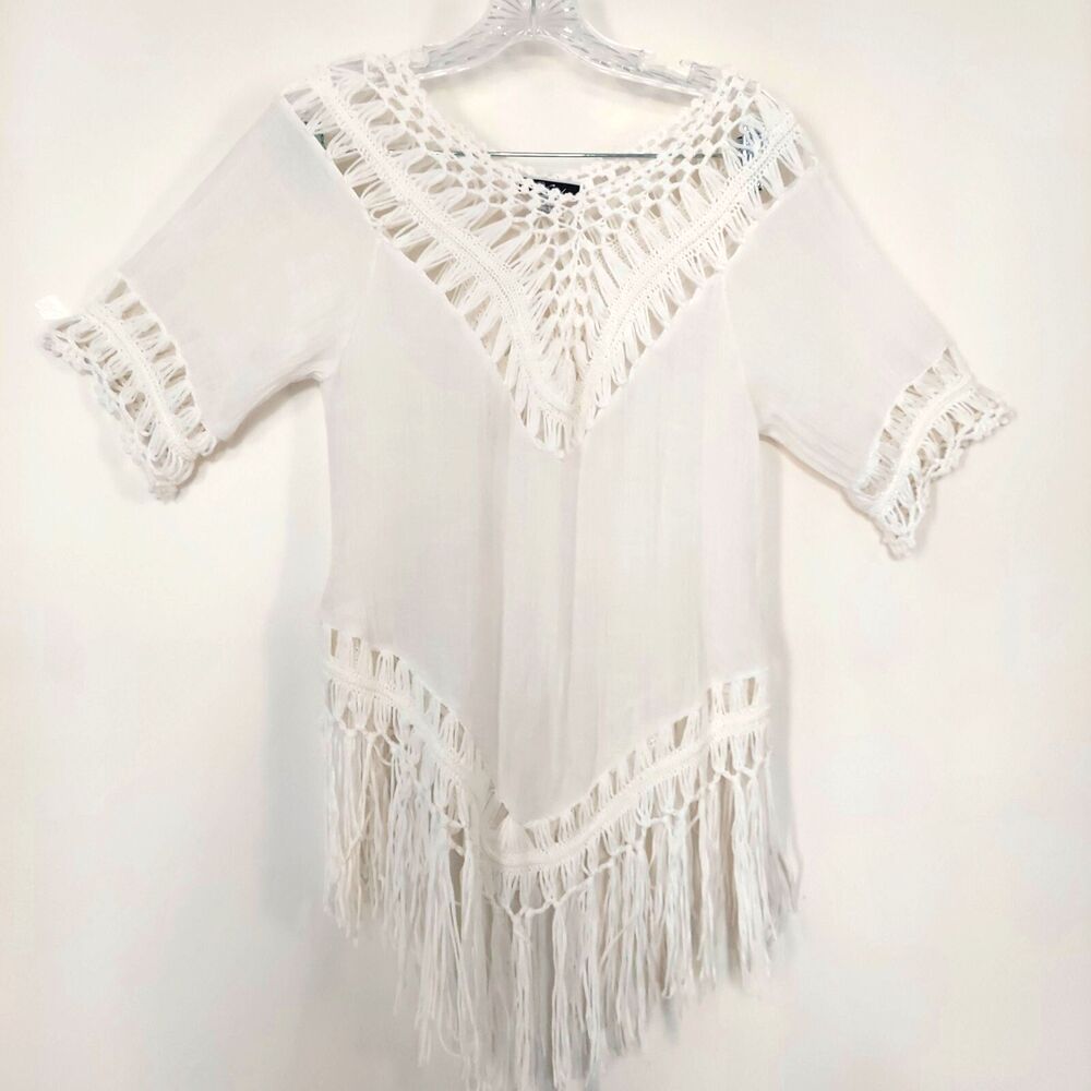 Vivid White Crochet Tunic Top Cover Up Fringe Womens Size Medium